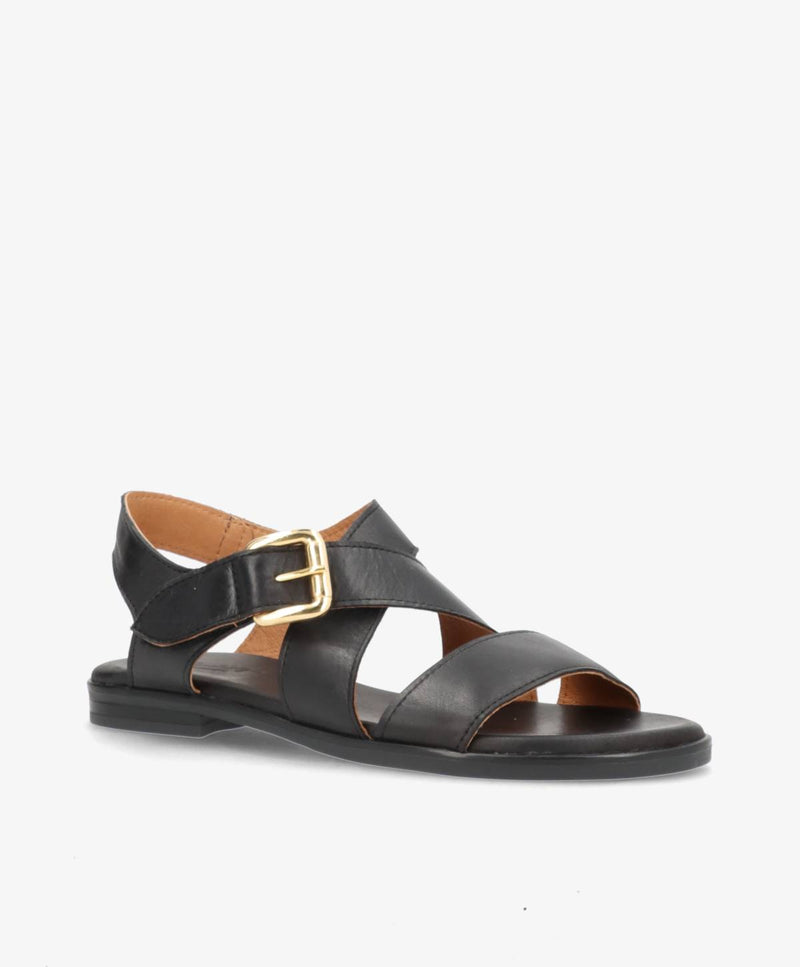 MILA - Sort læder - Flad sandal Dame