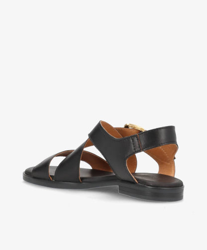 MILA - Sort læder - Flad sandal Dame