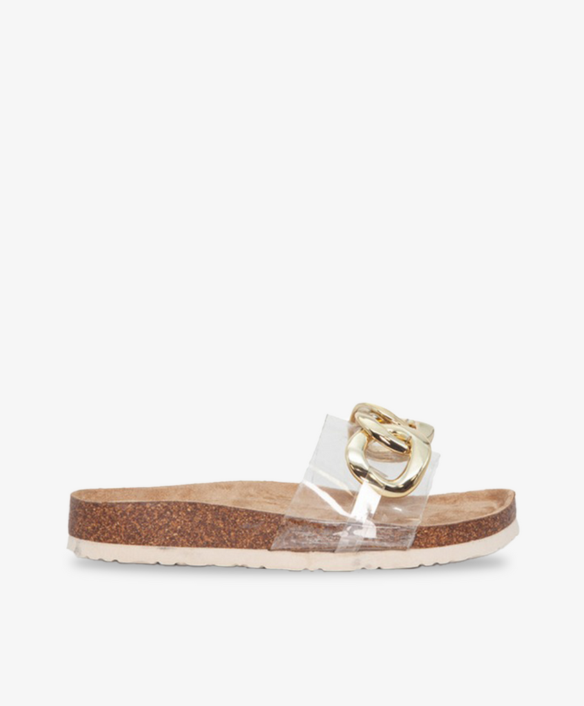 Duffy sandaler med chunky bund og bred, transparent rem med guldspænde.